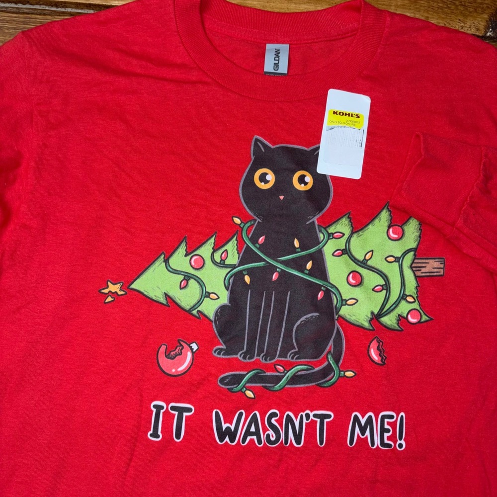 Christmas Black Cat It Wasn't Me Shirt Adult Small Gildan Long Slv T-Shirt Red
